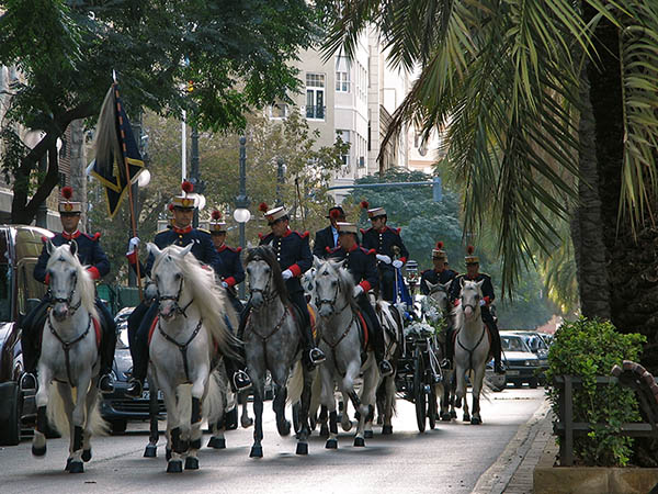 Paarden en ruiters in een stad